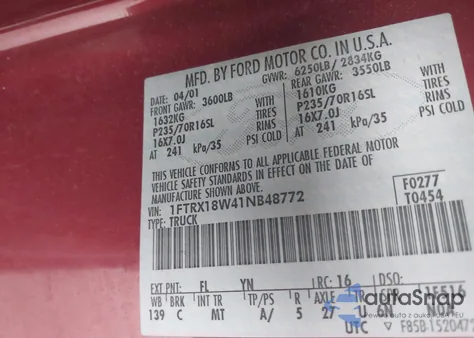 2001 Ford F-150 Lariat/Xl/Xlt из США, поврежденный, VIN 1FTRX18W41NB48772